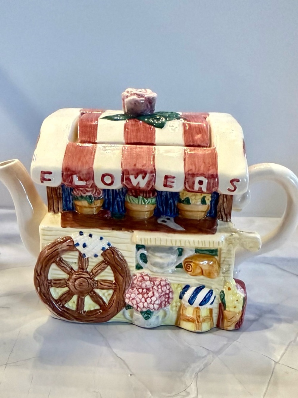 Vintage Lotus Handcrafted 1995 Home Decor Mini Teapot Ceramic Flower Cart  -
